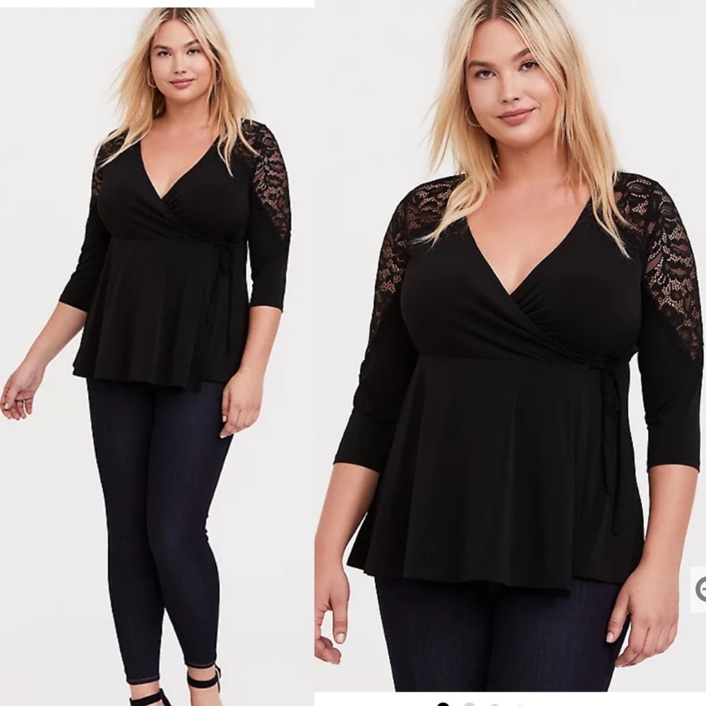 🆕 Torrid BLACK STUDIO KNIT LACE INSERT WRAP TOP